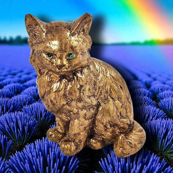 Vintage Red Mill Gold Resin Cat Figurine 5¼″ Green Sequin Eyes Handcrafted USA - Picture 1 of 9